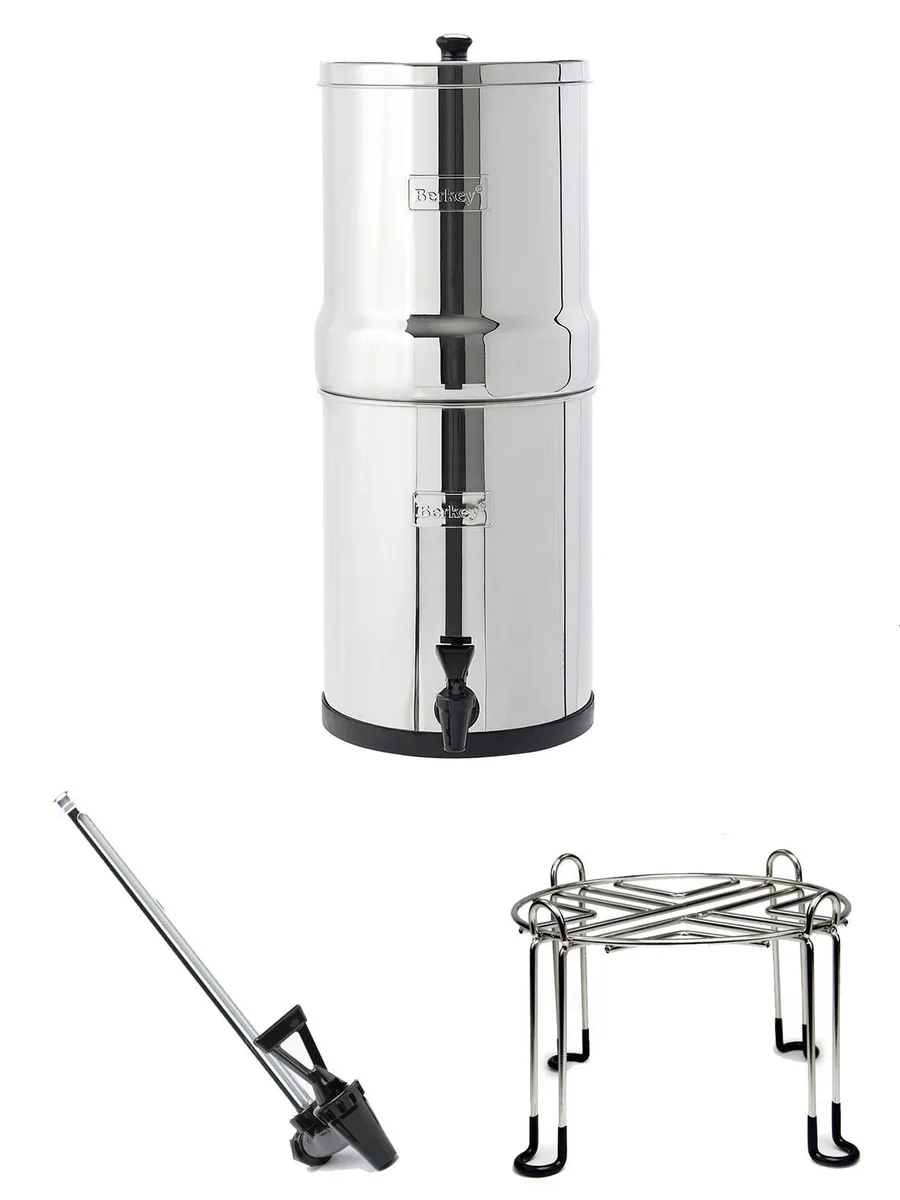 Big Berkey set: Water Filter 8.5L (incl. 2x Black Berkey elements) + Plastic sight-glass tap + Stand