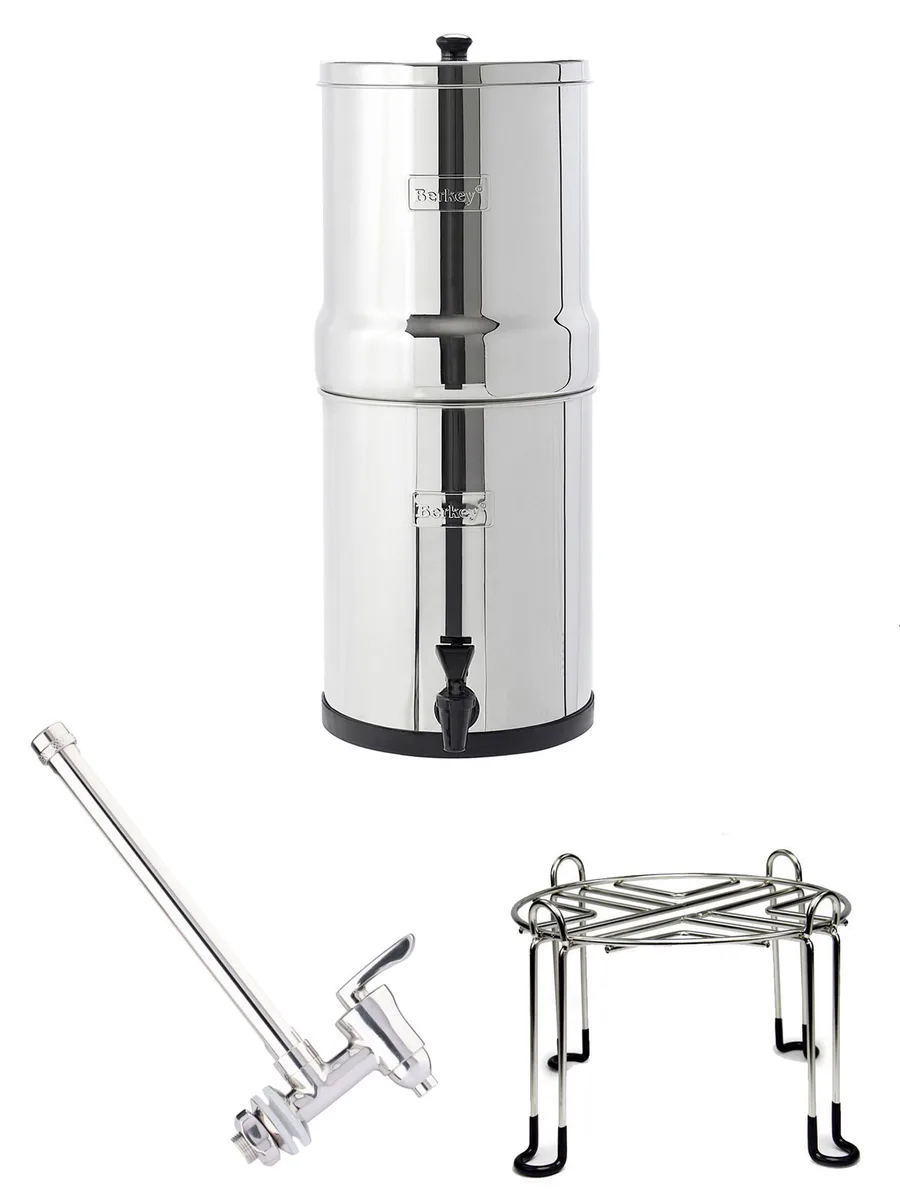 Big Berkey set: Water filter 8.5L (incl. 2x Black Berkey elements) + Stainless steel sight-glass tap + Stand